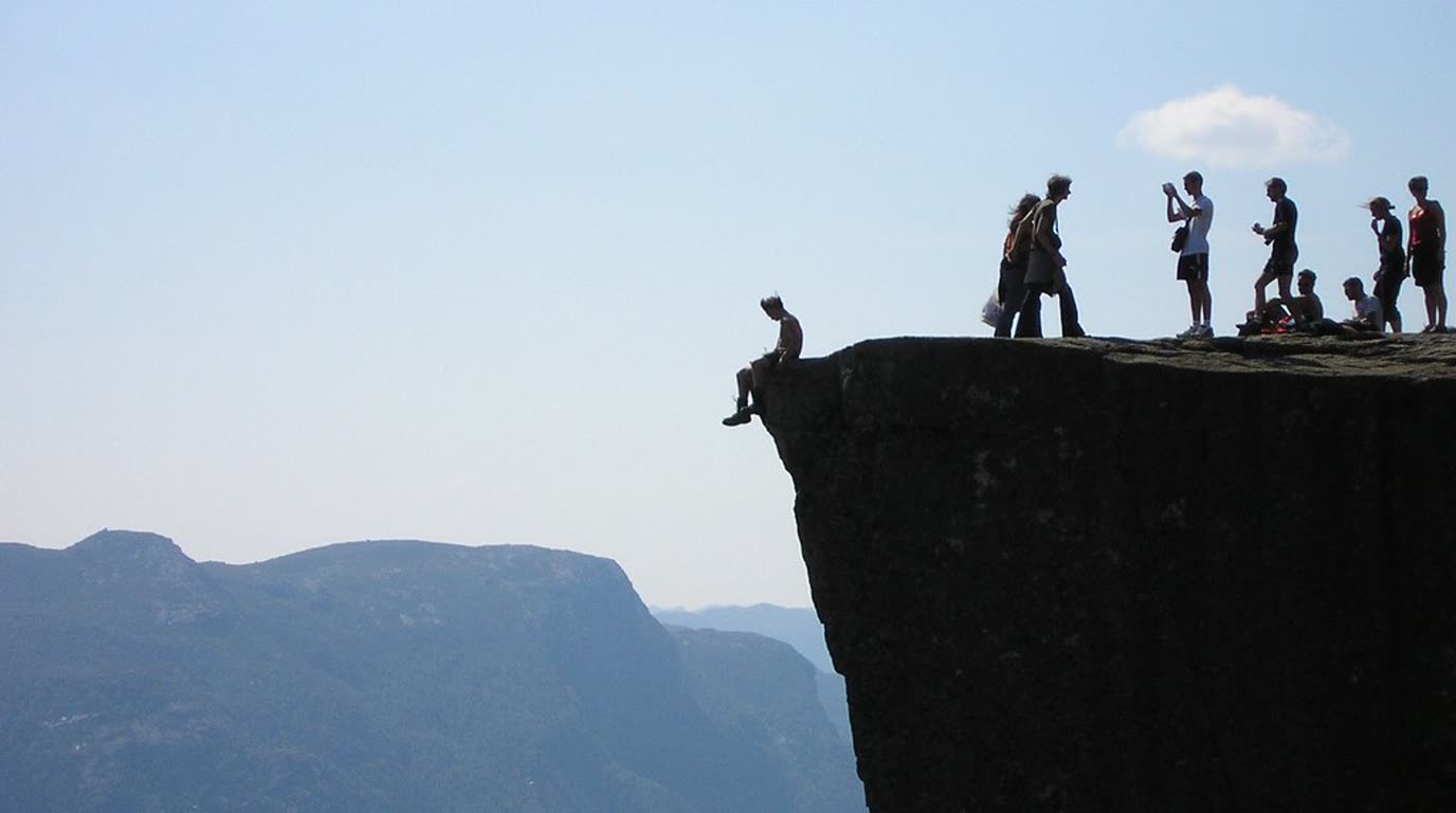 The Preikestolen rock plateau high above the water of Lysefjord in Norway's Rogaland region