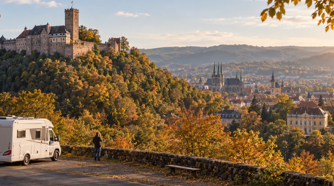 Durynsko: Erfurt, Výmar a Wartburg — ilustrační pohled na cestu obytným vozem
