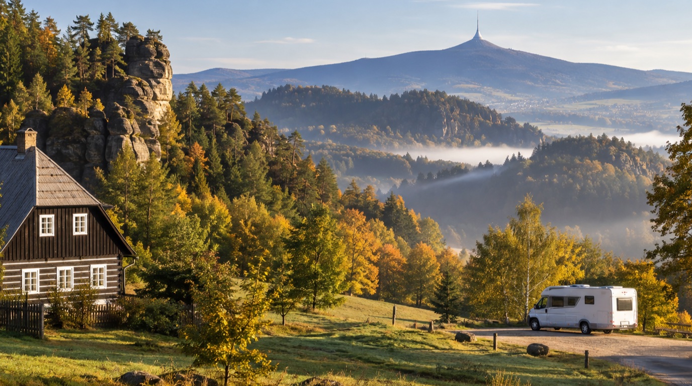 Lusatian Mountains, Liberec and Ještěd — illustrative motorhome road trip view