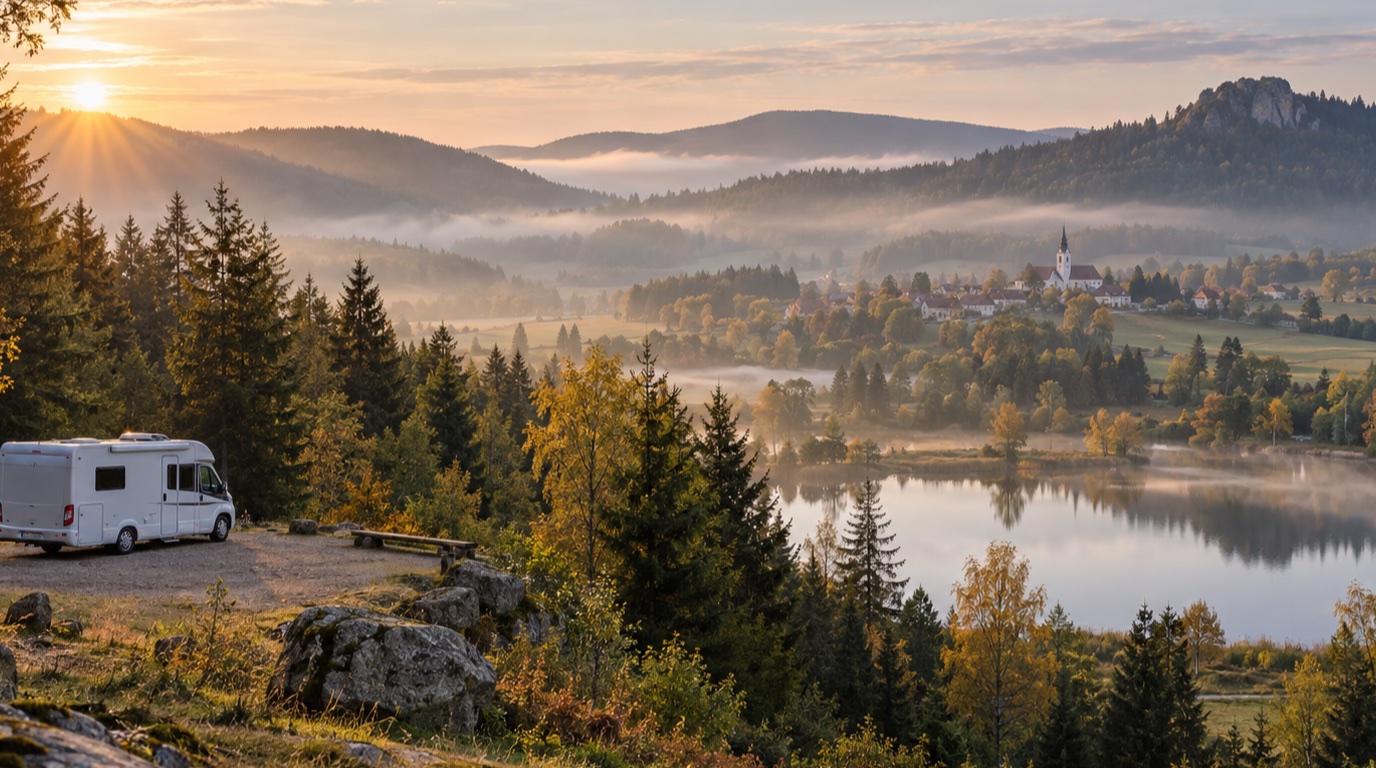 Nové Hrady Mountains and Doudlebsko — illustrative motorhome road trip view
